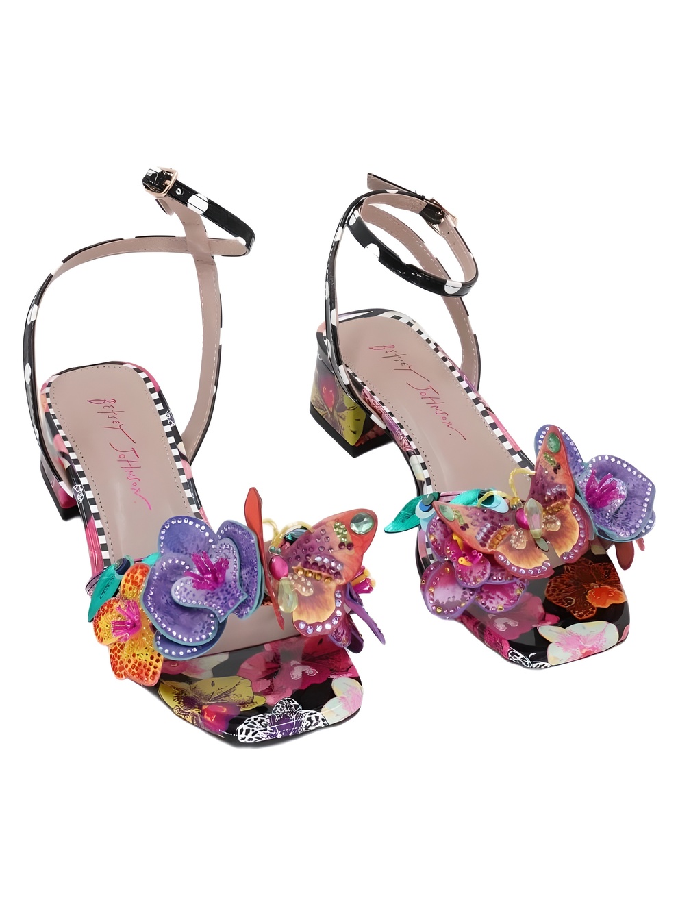 Betsey Johnson Maranda Black Multi Butterfly Floral 2" Block Heel Size 5M
